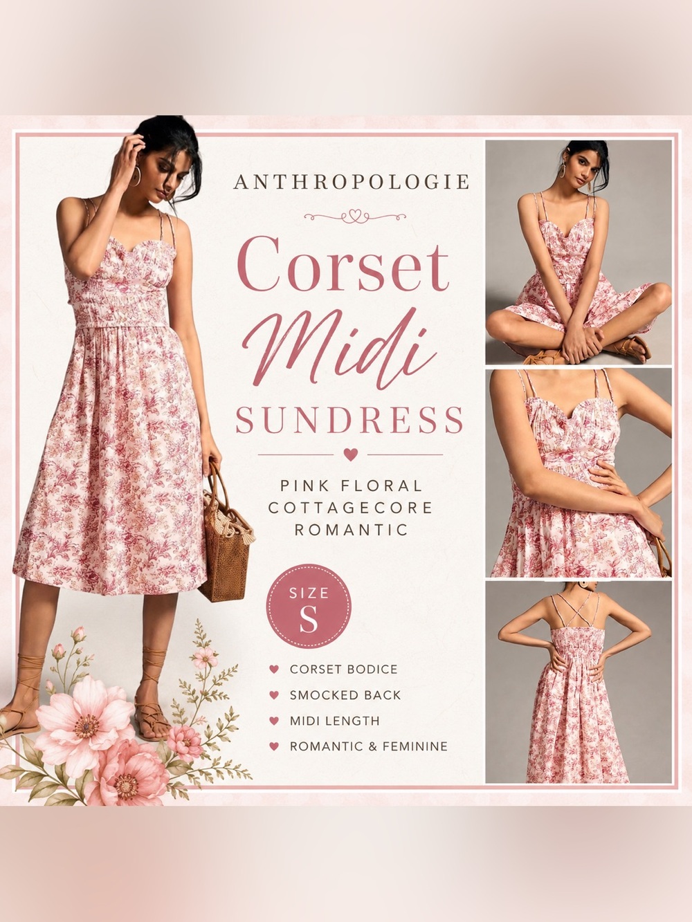 Anthropologie Pink Floral Corset Midi Dress XS Cottagecore Romantic Sundress